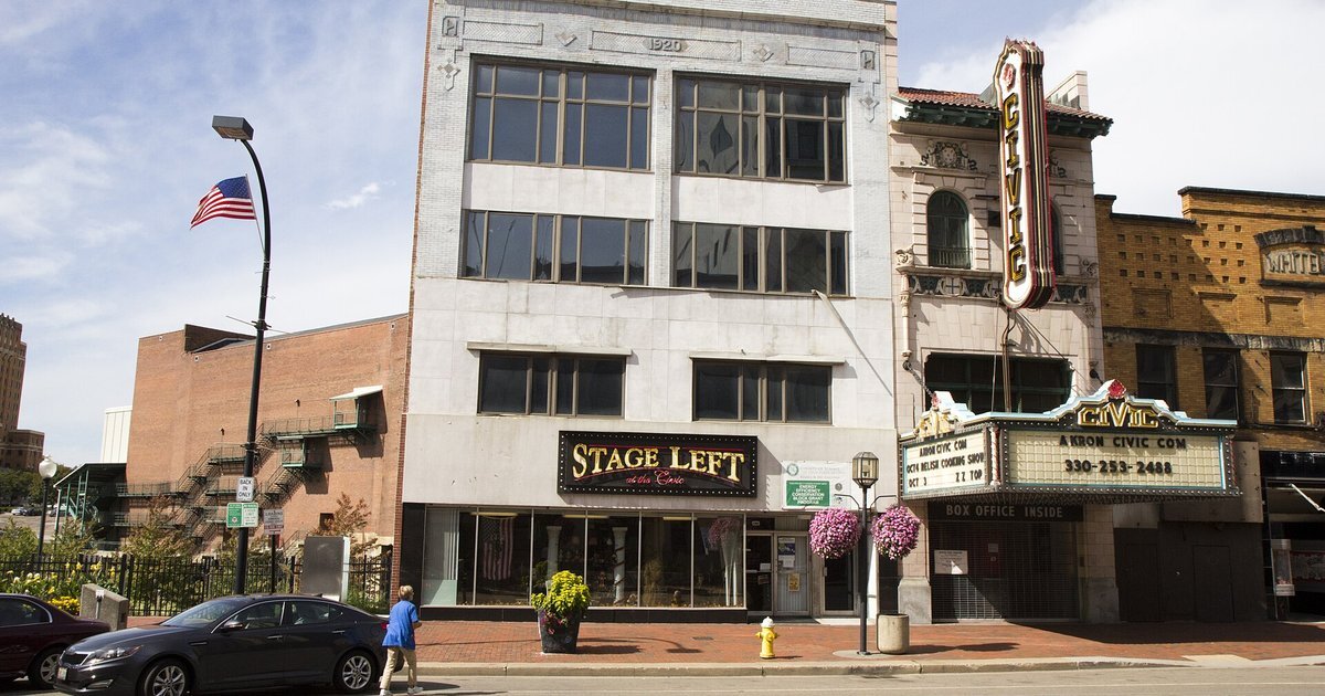 Historic theater facade on Main Street in downtown Akron