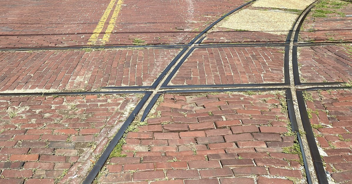 Brick street with old streetcar tracks in Columbus, Georgia