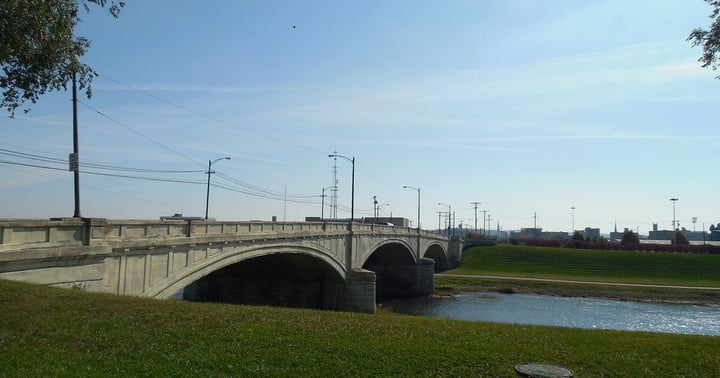 A stone bridge over the river in Dayton, Ohio