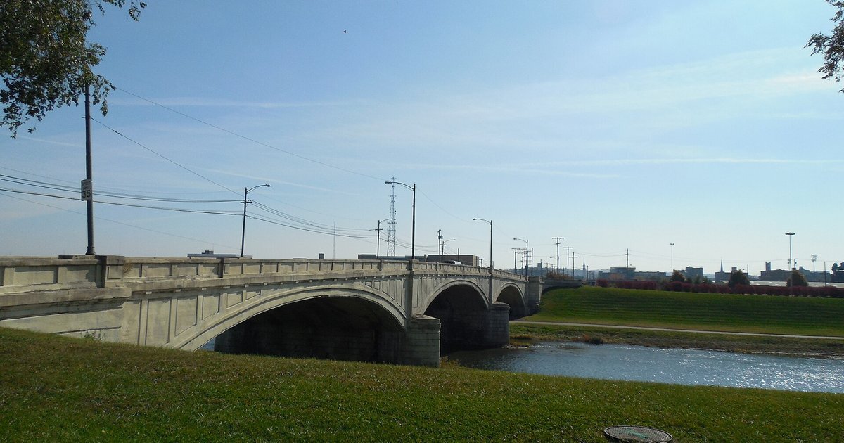 A stone bridge over the river in Dayton, Ohio
