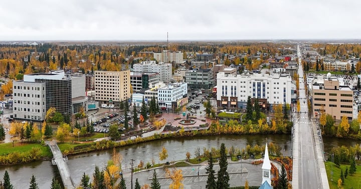 Fairbanks, Alaska skyline with fall colors along the Chena River