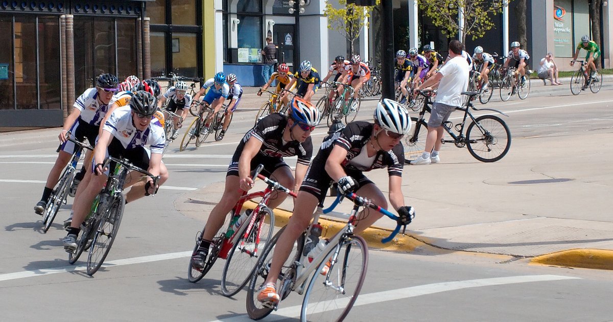 Cyclists racing through downtown Madison, Wisconsin