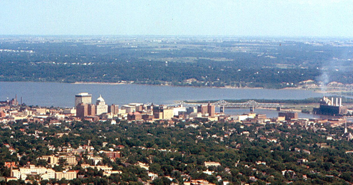 Aerial view of Peoria, Illinois, and the Illinois River in 1974