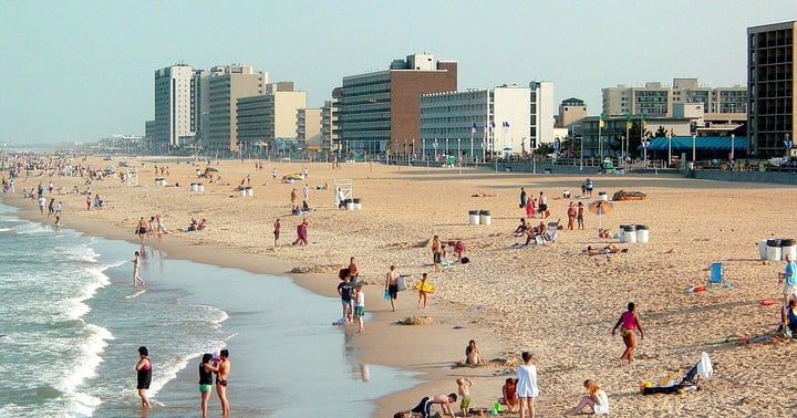 Virginia Beach oceanfront hotels and beach seen from the fishing pier
