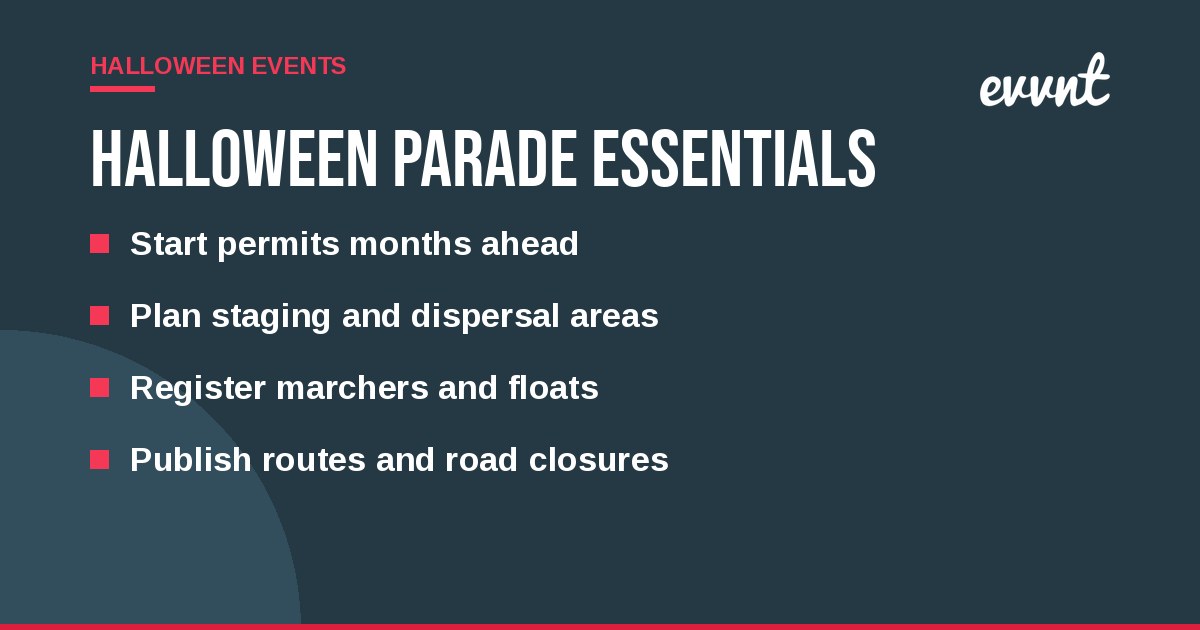 Halloween parade essentials: Start permits months ahead, Plan staging and dispersal areas, Register marchers and floats, Publish routes and road closures