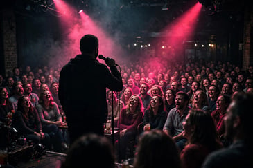 Comedian performing on stage in front of a packed comedy club audience