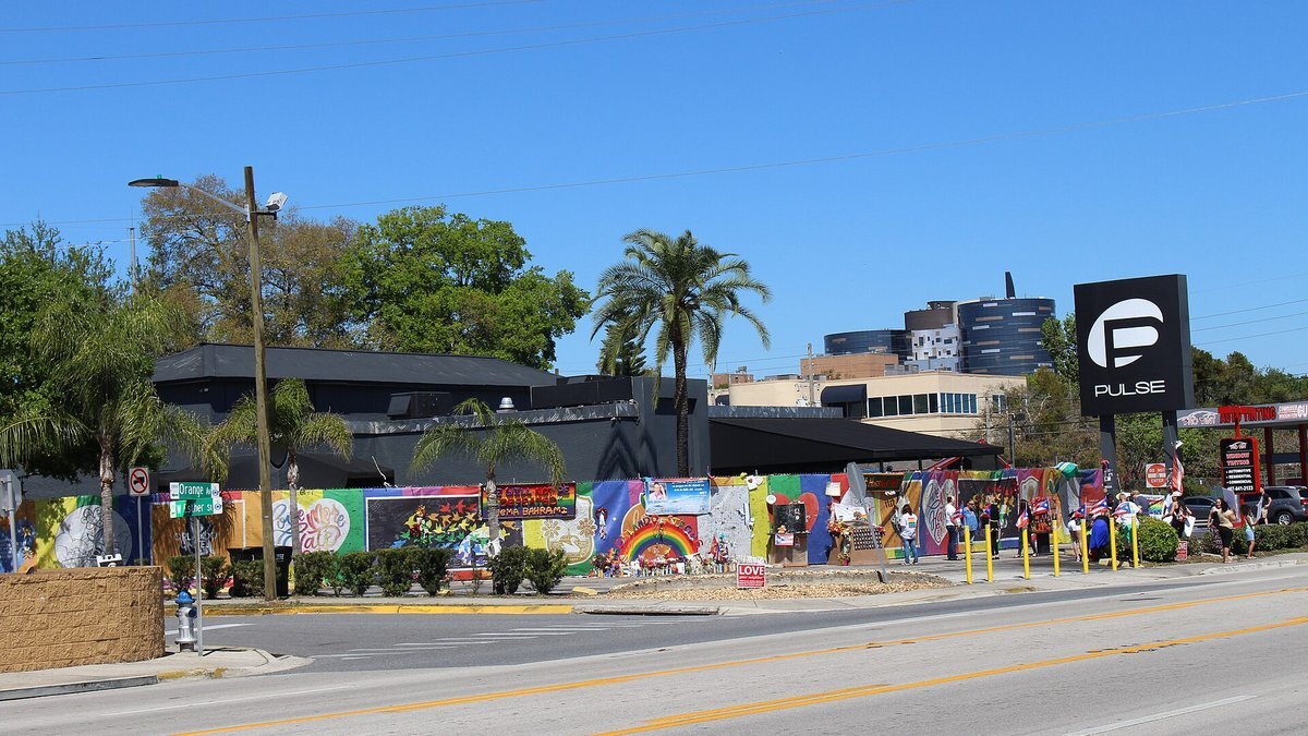 The Pulse nightclub site in Orlando with its memorial wraps