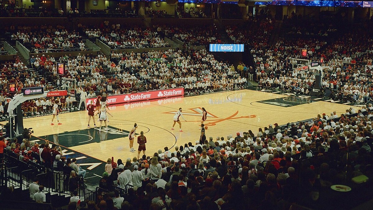 Fans watch a women's basketball game from the stands of a packed arena