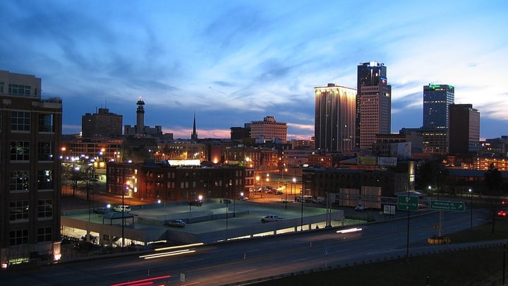 The Little Rock, Arkansas skyline lit up at dusk