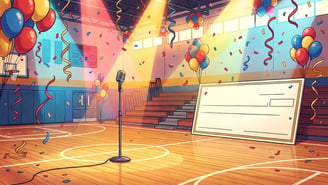 Illustration of an empty high school gym decorated for homecoming with confetti, balloons, a microphone and a giant ceremonial check