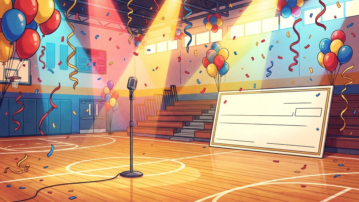 Illustration of an empty high school gym decorated for homecoming with confetti, balloons, a microphone and a giant ceremonial check