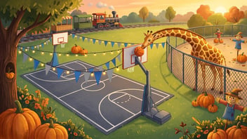 Illustration of a basketball court at a zoo, with a curious giraffe leaning over the fence toward the hoop at sunset