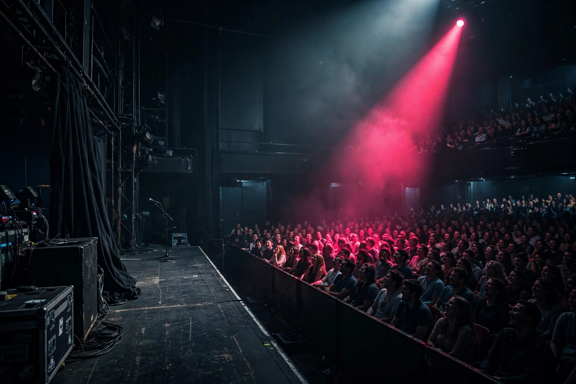 Packed comedy club audience under a spotlight