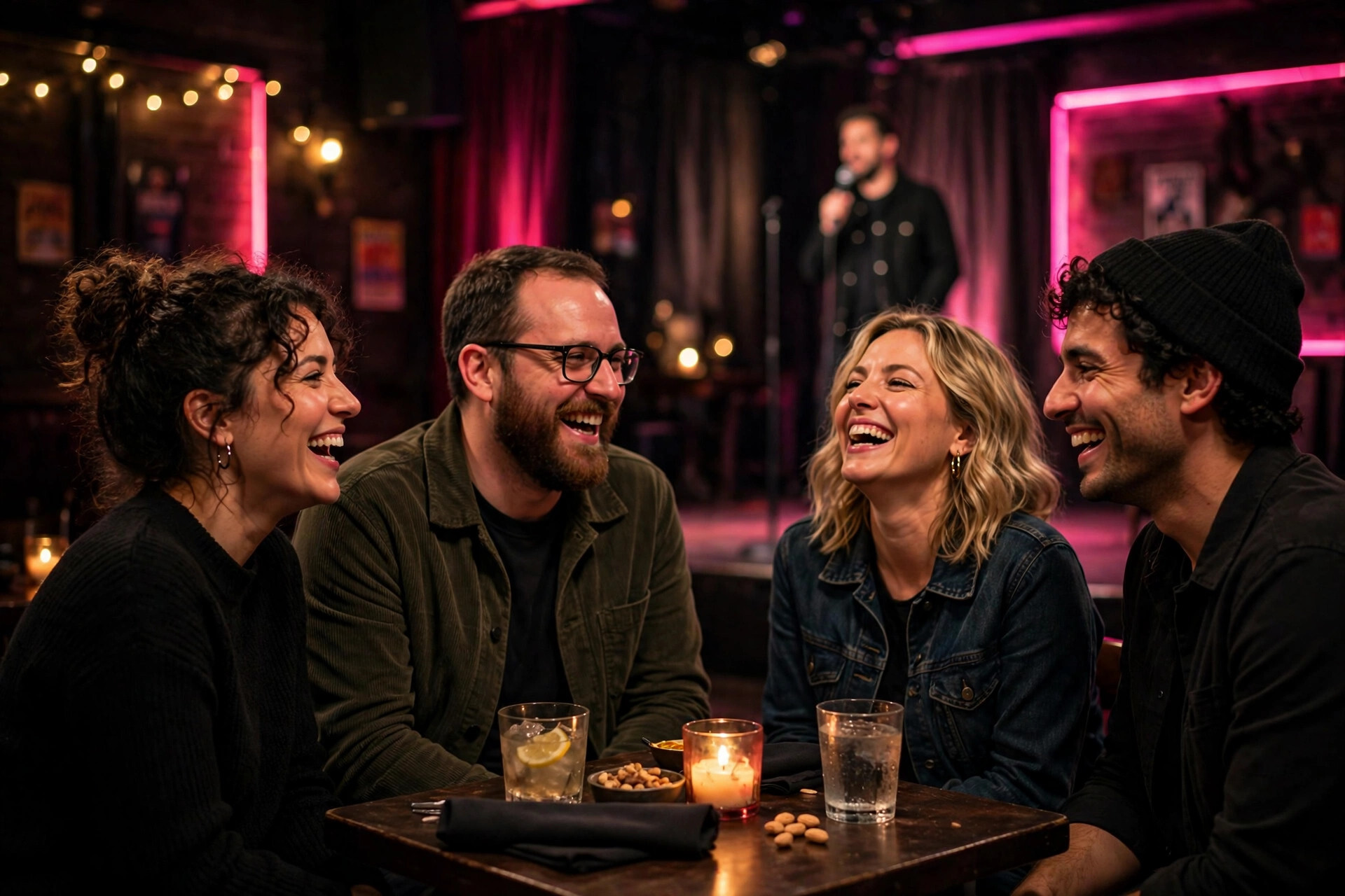 Friends laughing together at a table in an intimate comedy club
